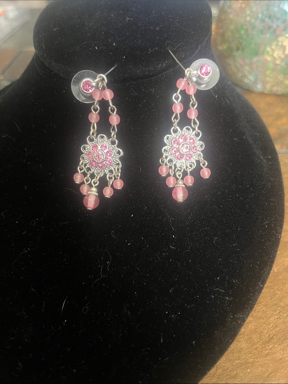 Pink Crystal Floral Drop Earrings with Bead Accents